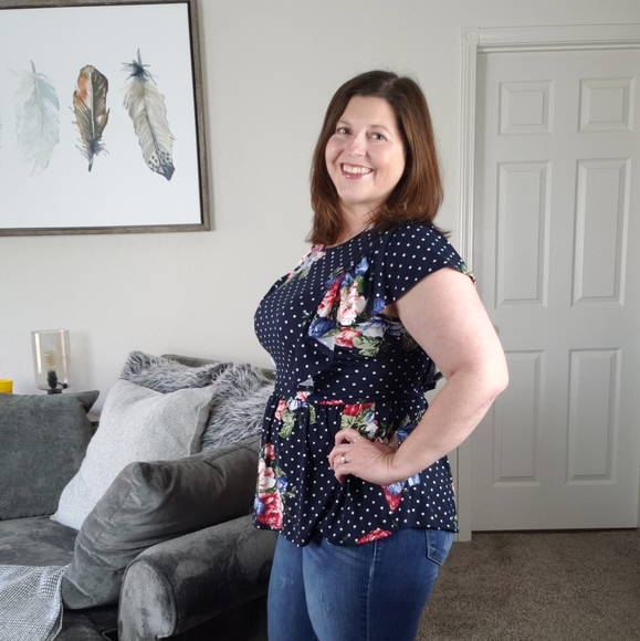 Navy Polka Dot & Floral Peplum Ruffled Top - Picture 3 of 4